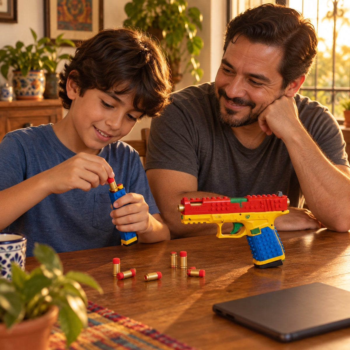 Papá e hijo cargando el blaster