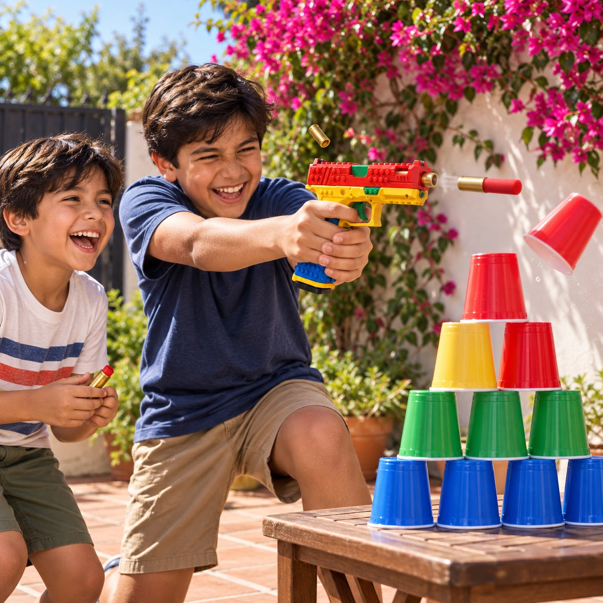 Hermanos jugando al tiro al blanco con vasos